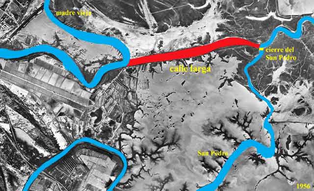 En rojo, el tramo de la ‘calle larga’ (3.800 m) que se excavó en 1722 para ser el nuevo curso del Guadalete