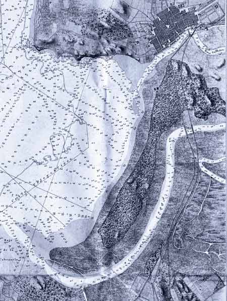 La imperecedera y cambiante barra del Guadalete y la canal del río a fines del s. XIX. En primer término, la desembocadura del San Pedro